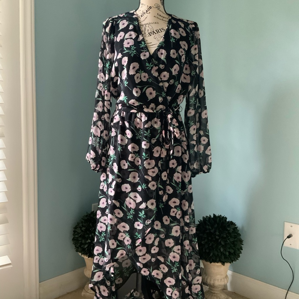 Like New! Sheer Long Sleeve, High/Low Faux Wrap, Floral Dress